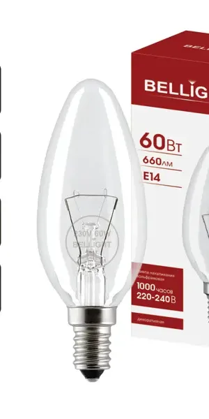 Лампа накаливания Bellight E14 220-240 В 60 Вт свеча 660 лм цвет света желтый для диммера