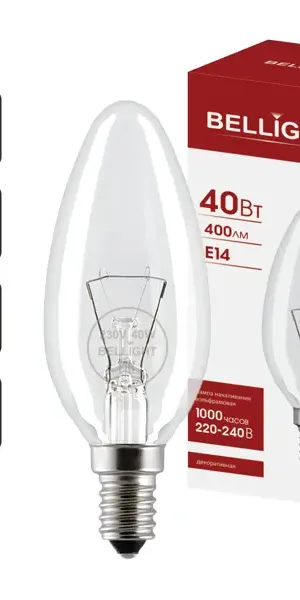 Лампа накаливания Bellight E14 220-240 В 40 Вт свеча 400 лм цвет света желтый для диммера