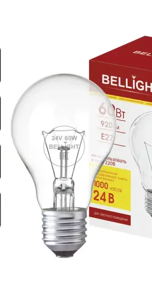 Лампа накаливания Bellight E27 24 В 60 Вт груша 920 лм цвет света желтый для диммера