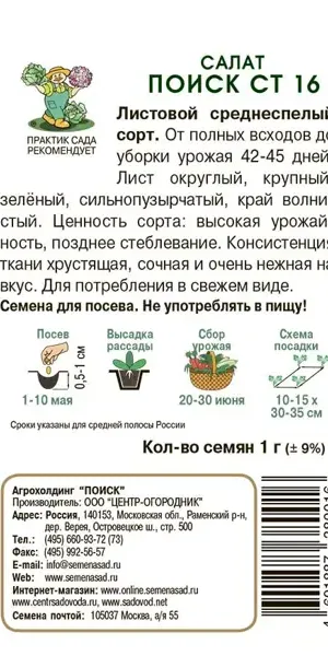 Семена трав Поиск салат Поиск СТ16