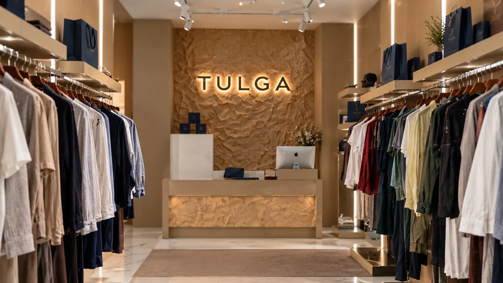 Интерьер магазина TULGA: вывеска над кассой и рейлы с одеждой