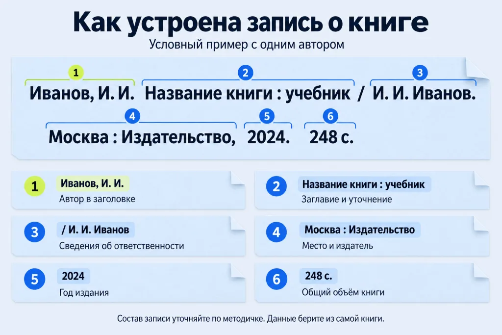 Разбор библиографической записи книги: автор, заглавие, ответственность, издатель, год и объём