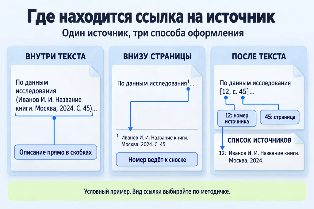Три вида библиографических ссылок: в тексте, внизу страницы и после текста