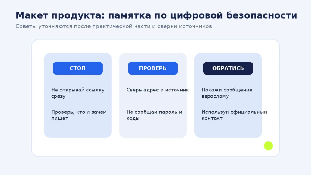 Макет памятки по цифровой безопасности с тремя шагами проверки сообщения и полем для контакта взрослого
