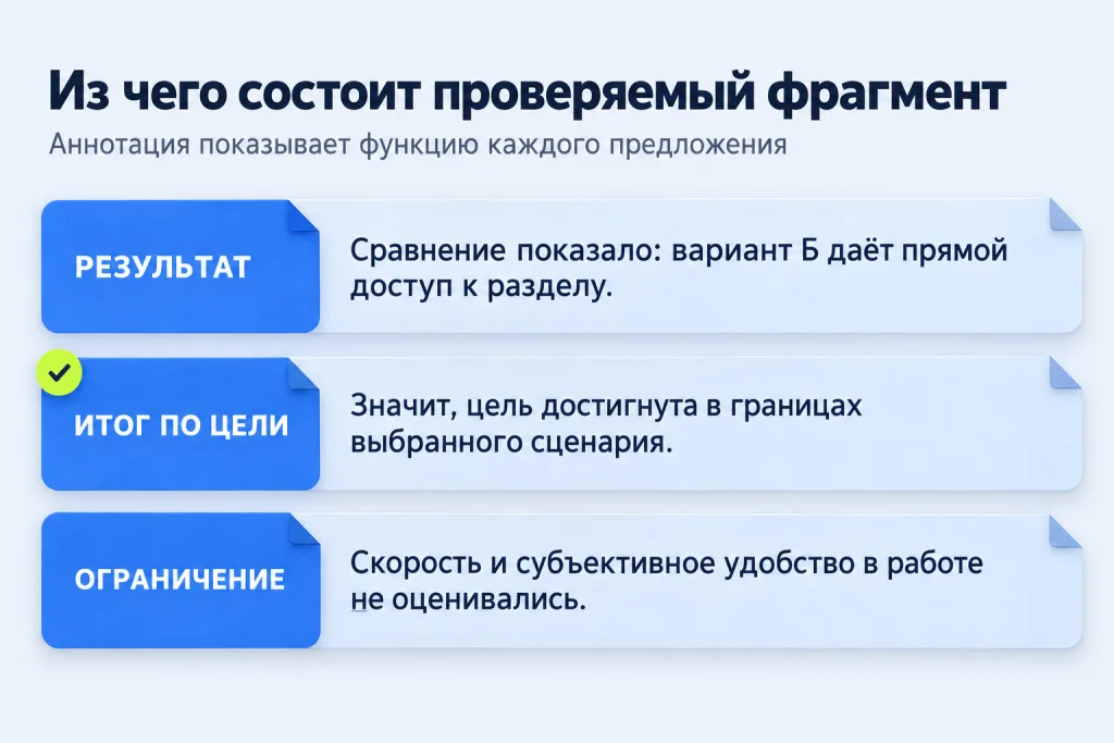 Аннотированный фрагмент заключения с пометками результата, общего итога и ограничения