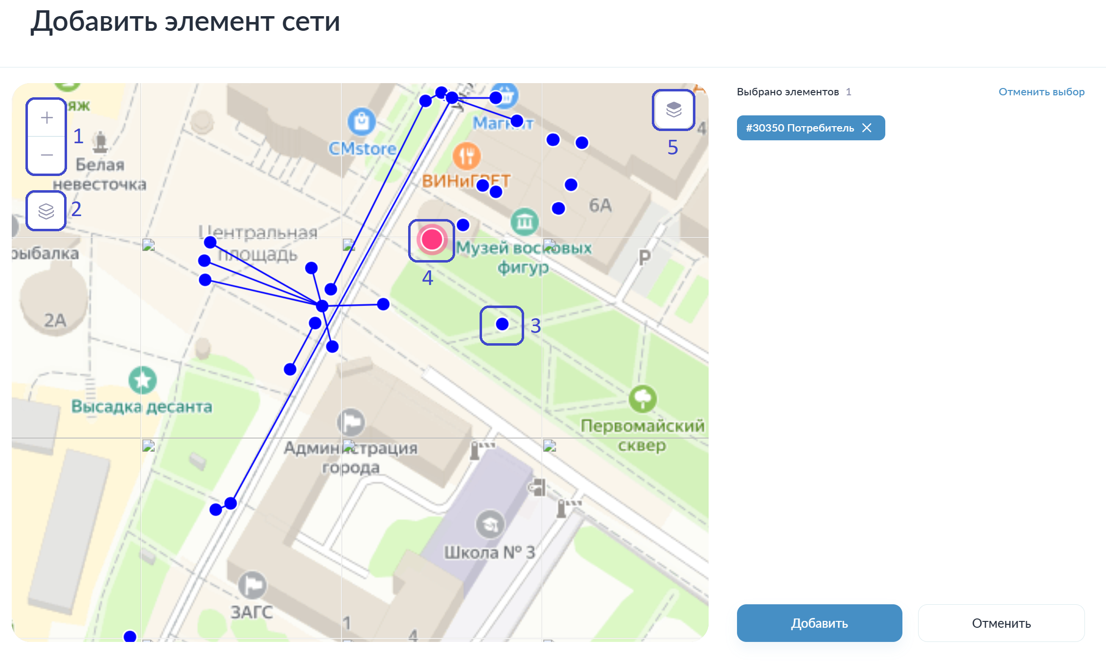 Выбор элемента сети на карте