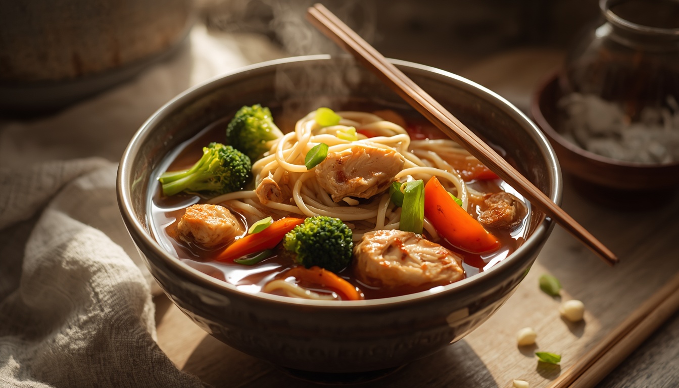 Удон с курицей и овощами