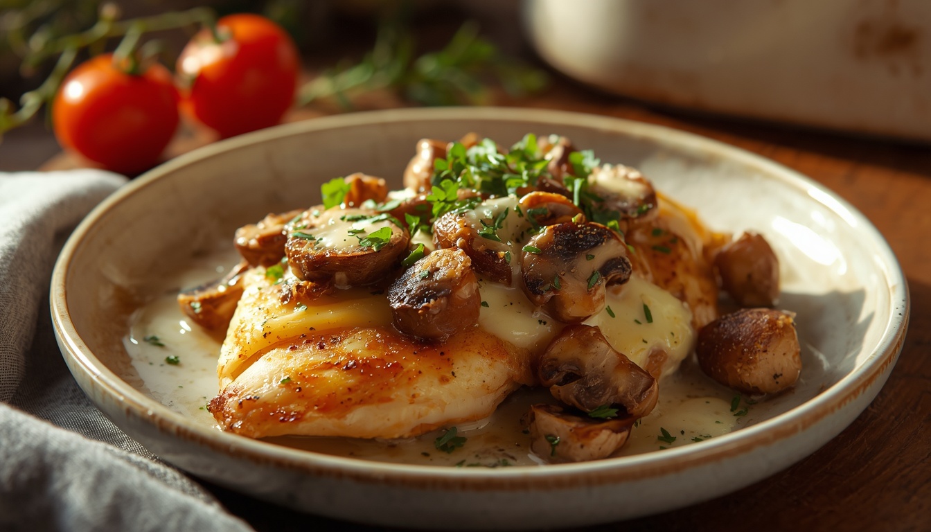 Курица, запечённая с грибами и сыром