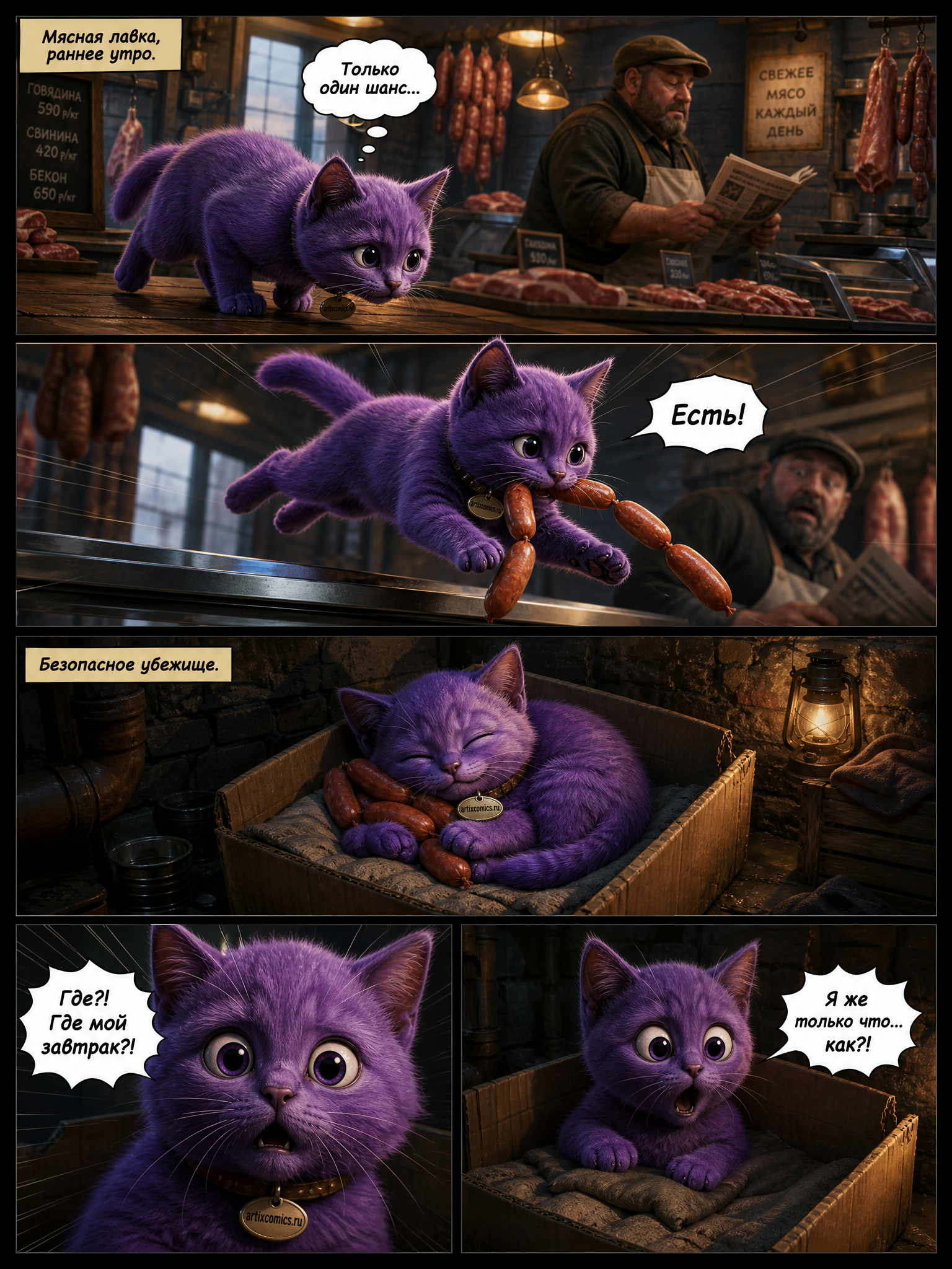 Фиолетовый котенок с ошейником artixcomics.ru в шоке смотрит на пустую коробку после пропажи сосисок. Страница 1