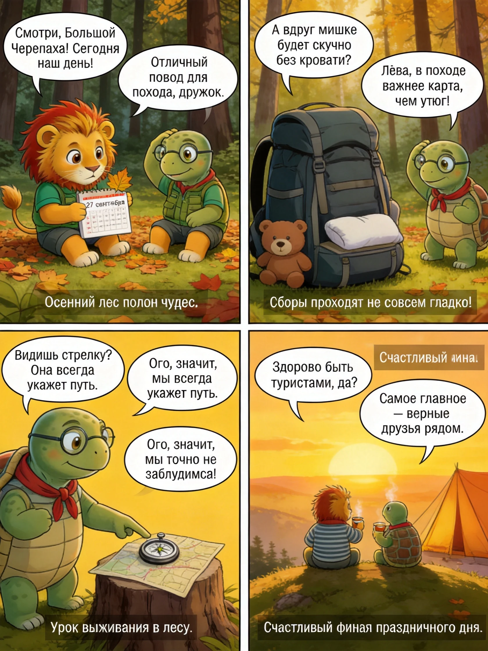 Лев и Черепаха в походном снаряжении ставят палатку на лесной поляне. Страница 4