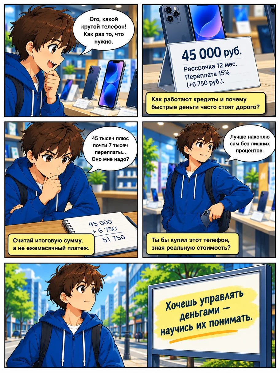 Подросток использует мобильное приложение для простого планирования личного бюджета в стиле аниме. Страница 4