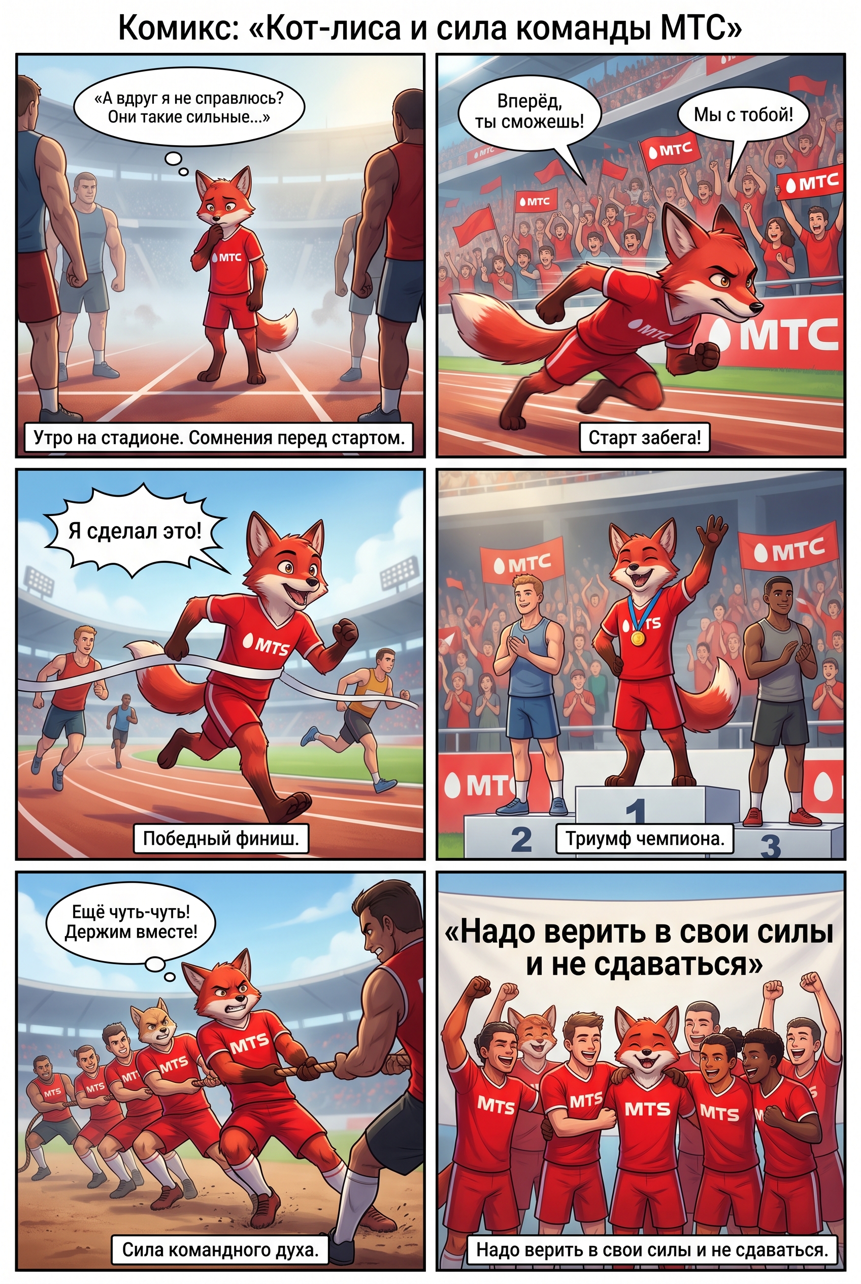 Кот-лиса в спортивной форме МТС празднует победу на пьедестале. Страница 1