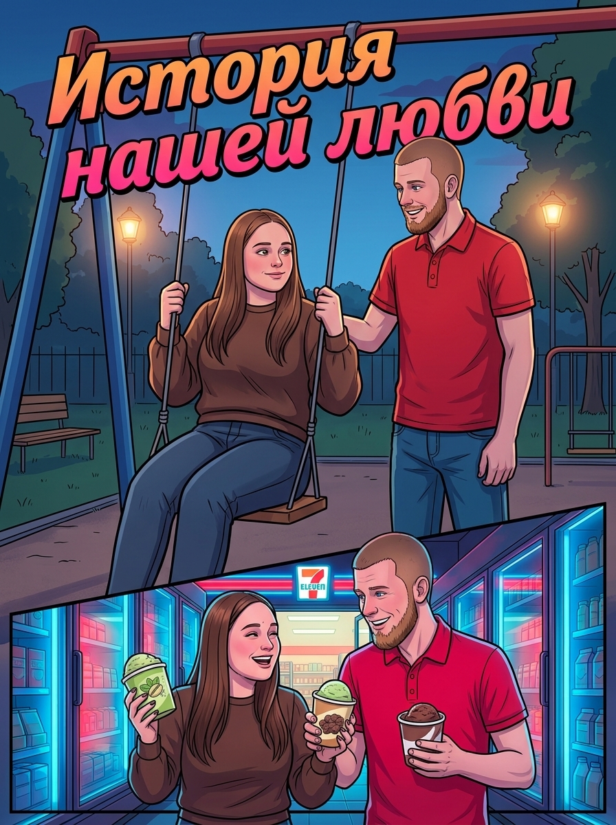 Пара на качелях и в неоновом магазине, романтическая сцена из жизни. Страница 1
