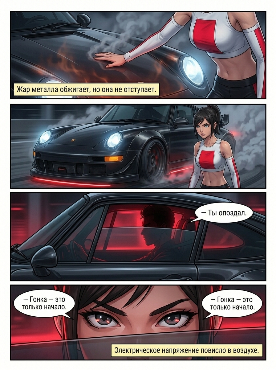 Девушка в белом топе среди дыма на фоне дрифтующего черного Porsche 911 с красным неоном. Страница 4