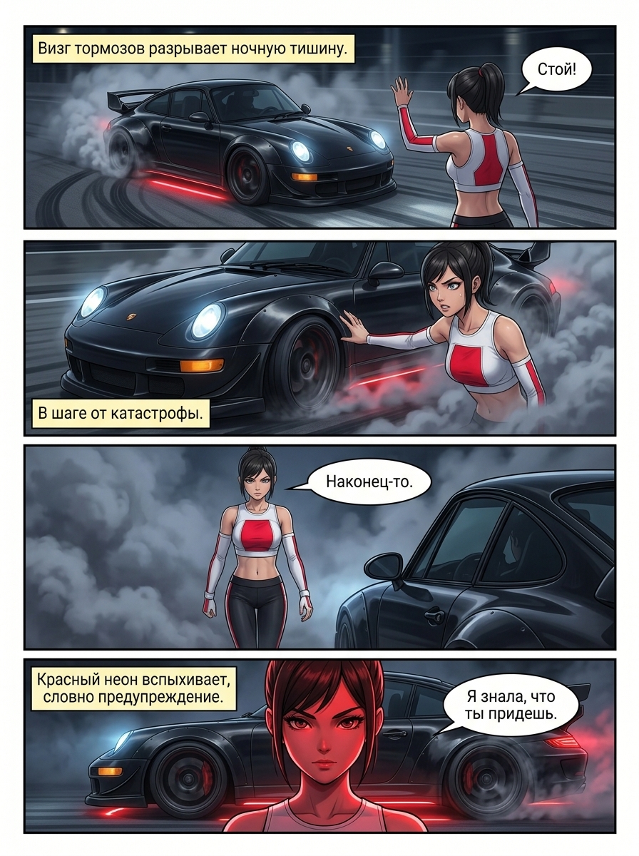 Девушка в белом топе среди дыма на фоне дрифтующего черного Porsche 911 с красным неоном. Страница 2