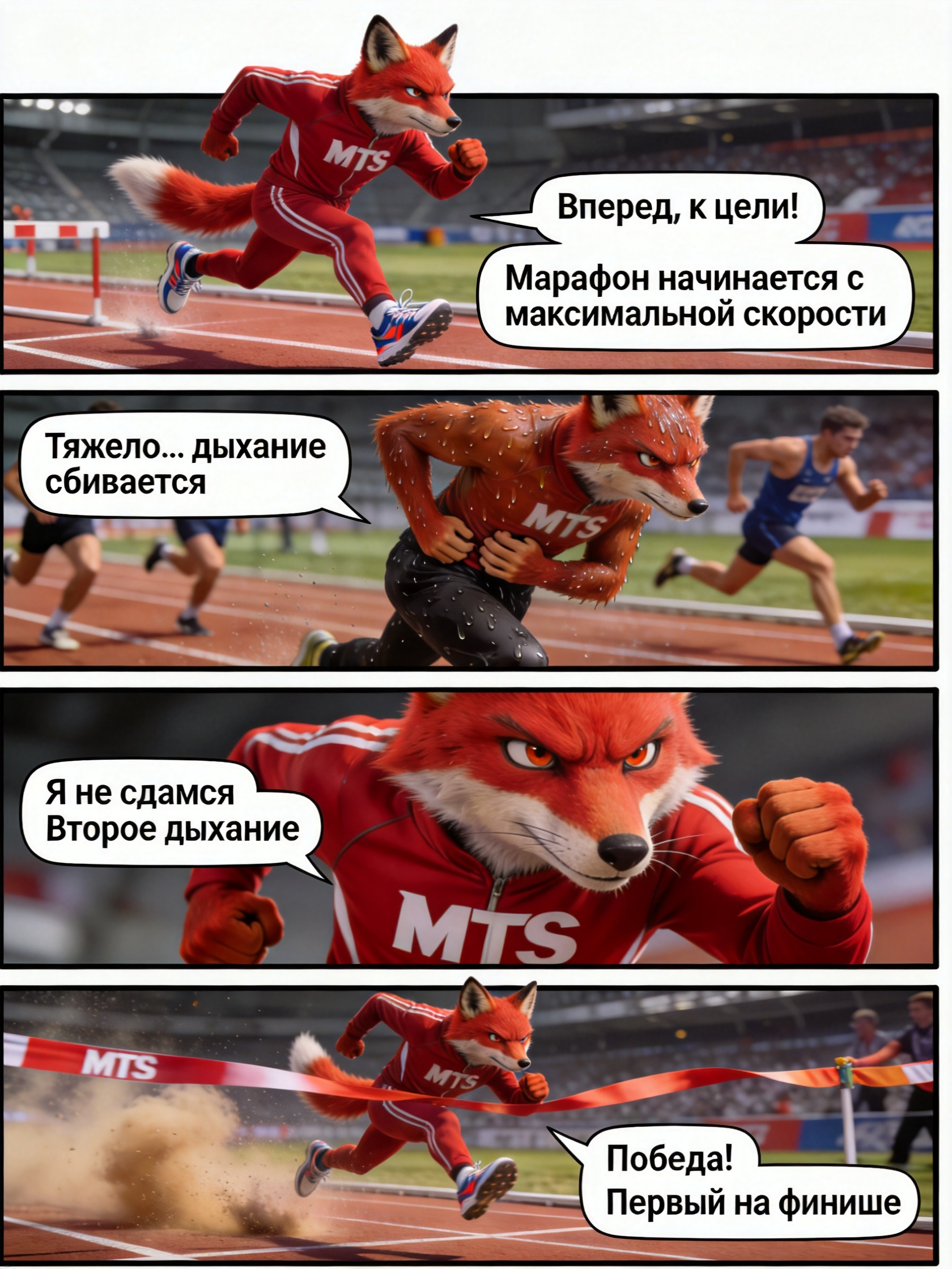 Красный лисенок в спортивном костюме бежит марафон и побеждает в гонке. Страница 1