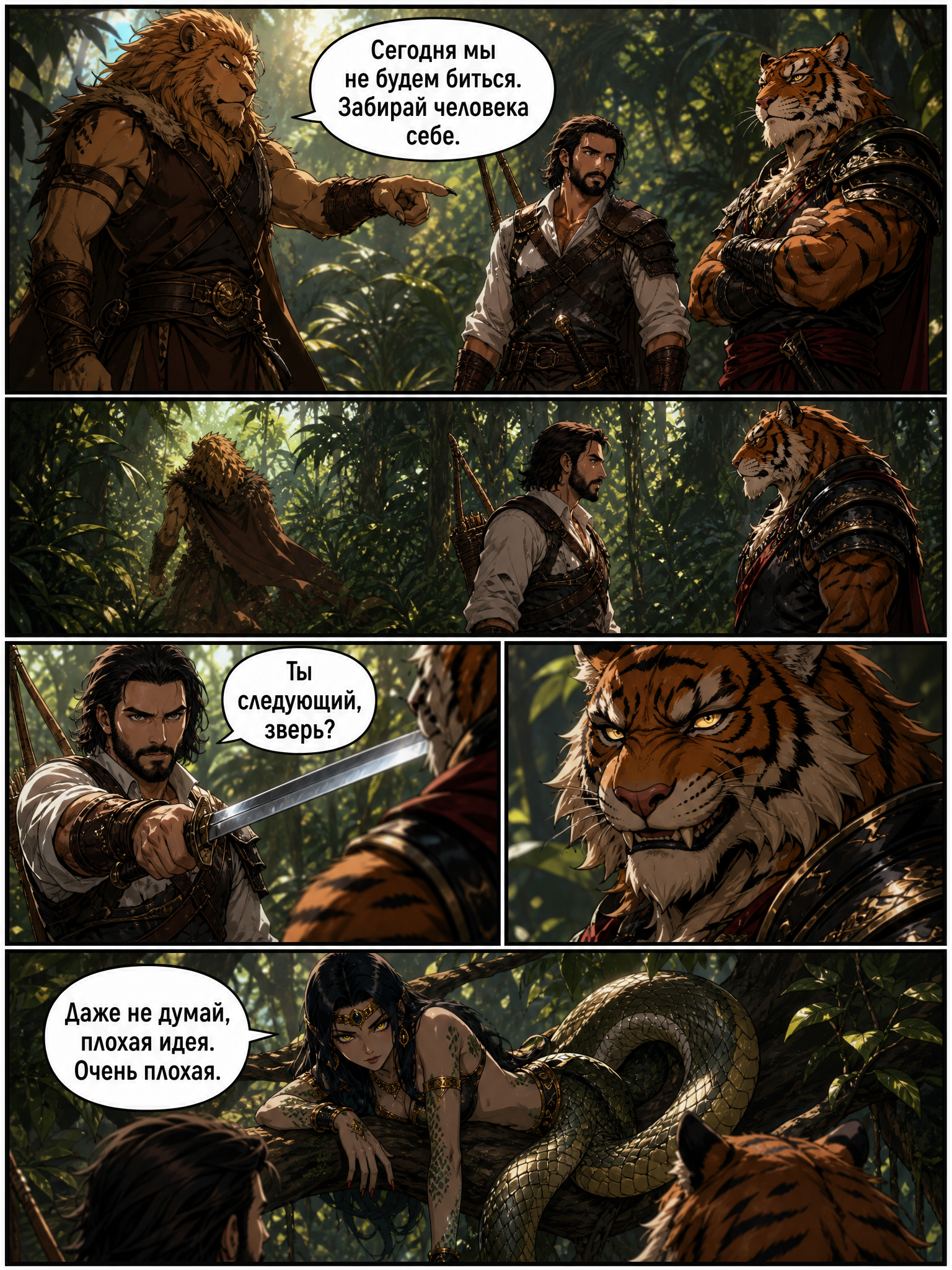 Давид в доспехах готовится к битве с антропоморфным львом-воином в стиле аниме. Страница 7