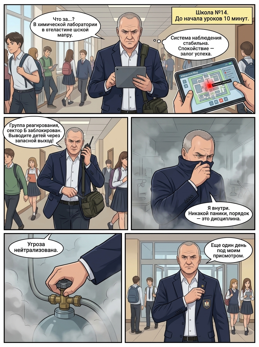 Учитель ОБЗР Сергей Александрович с тактической сумкой и планшетом в школьном коридоре в стиле аниме. Страница 1