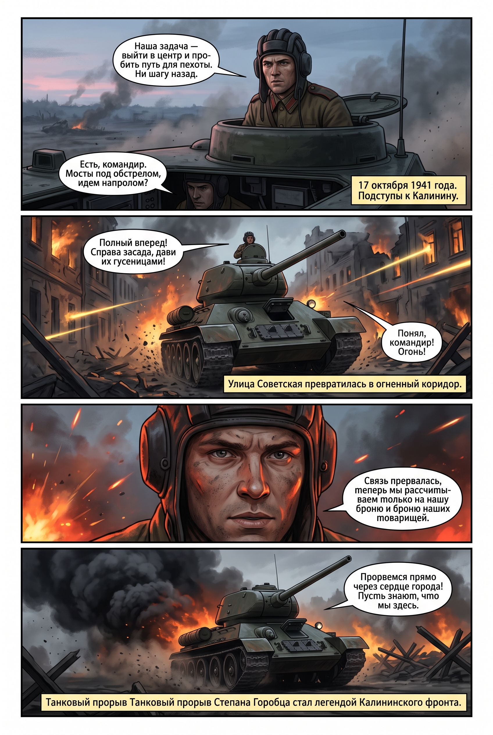 Танковая колонна Т-34 на рассвете в пригороде Калинина, исторический комикс о Степане Горобце. Страница 1