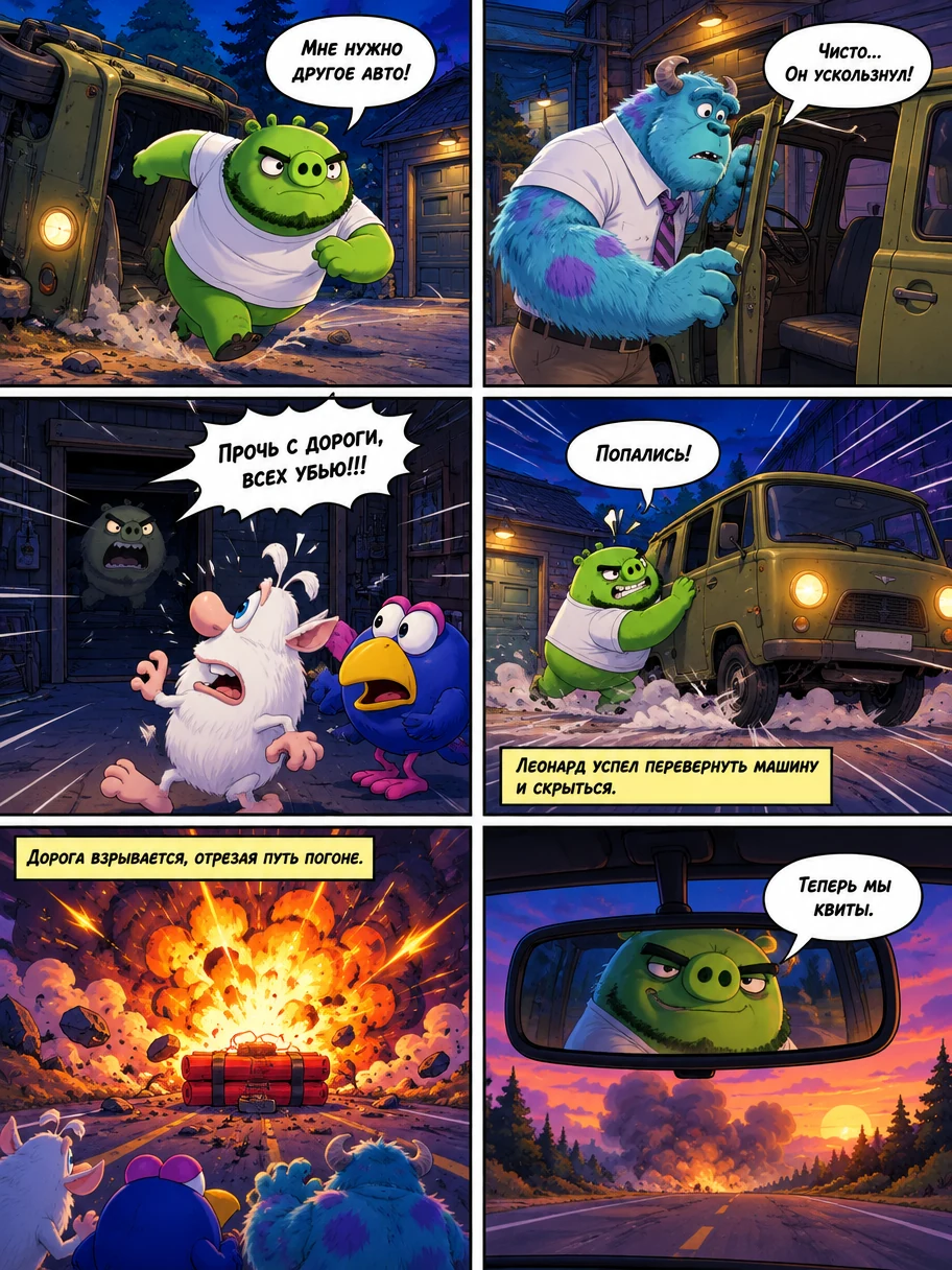 Леонард из Angry Birds вступает в бой с мультяшными персонажами на фоне своей буханки. Страница 2
