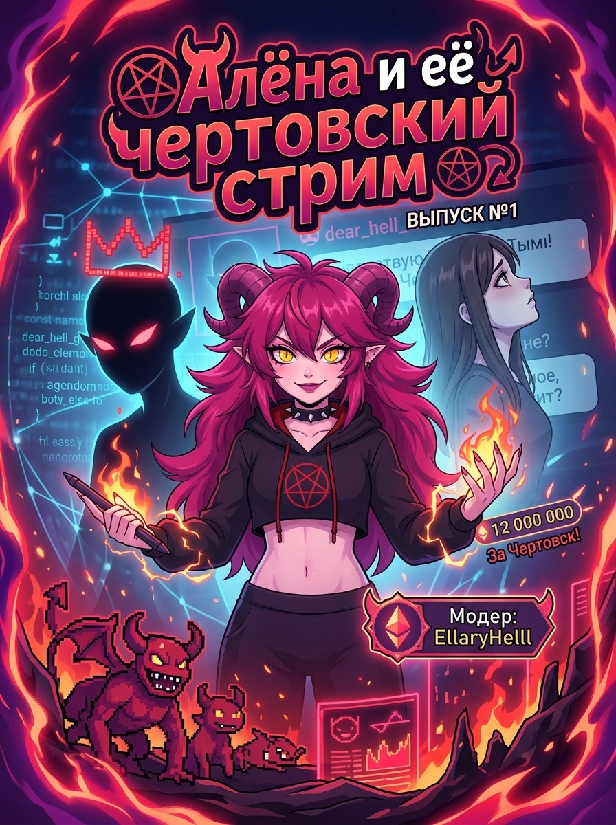 Девушка-стример с розовыми волосами и рогами в образе чертовки Хеллки ведет аниме-стрим. Страница 1