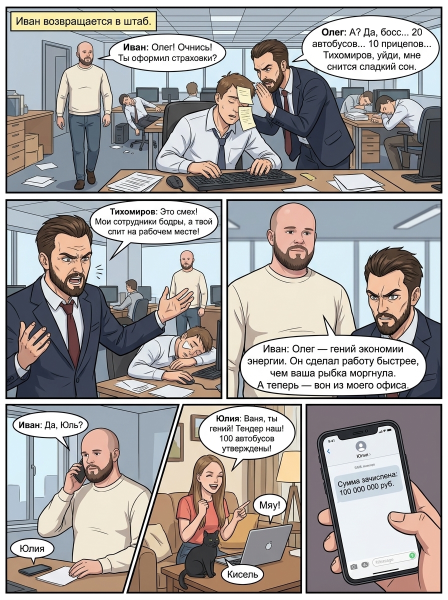 Офисный работник Глеб борется с бумажной работой под присмотром строгого черного кота и сюрреалистичных коллег. Страница 4