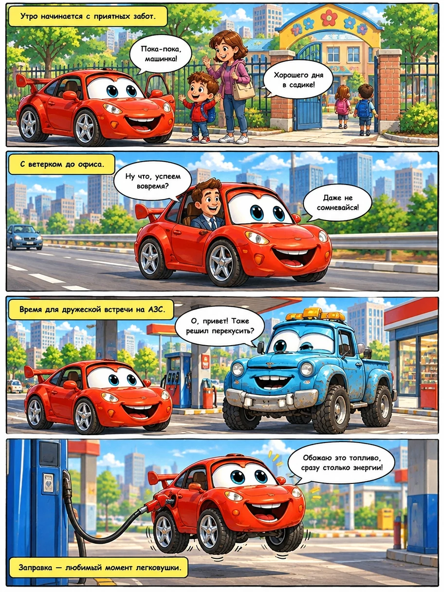 Спортивный автомобиль, грузовик и школьный автобус с мультяшными глазами участвуют в гонках. Страница 5