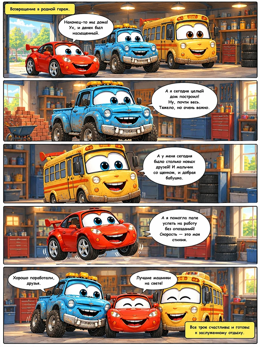 Спортивный автомобиль, грузовик и школьный автобус с мультяшными глазами участвуют в гонках. Страница 6