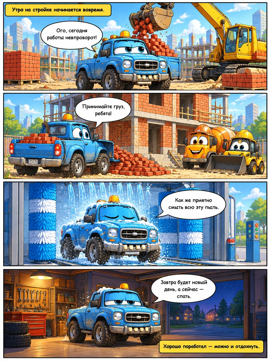 Спортивный автомобиль, грузовик и школьный автобус с мультяшными глазами участвуют в гонках. Страница 3