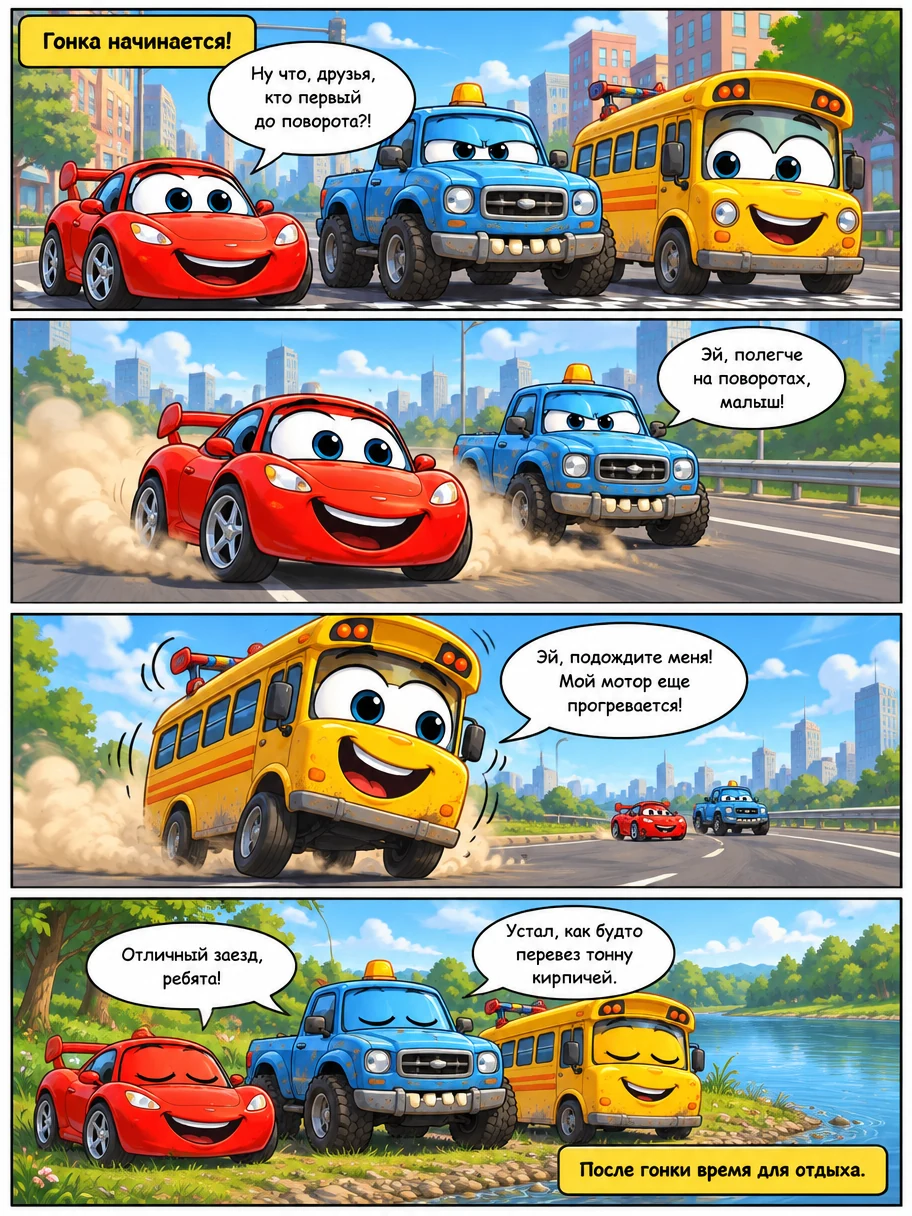 Спортивный автомобиль, грузовик и школьный автобус с мультяшными глазами участвуют в гонках. Страница 2