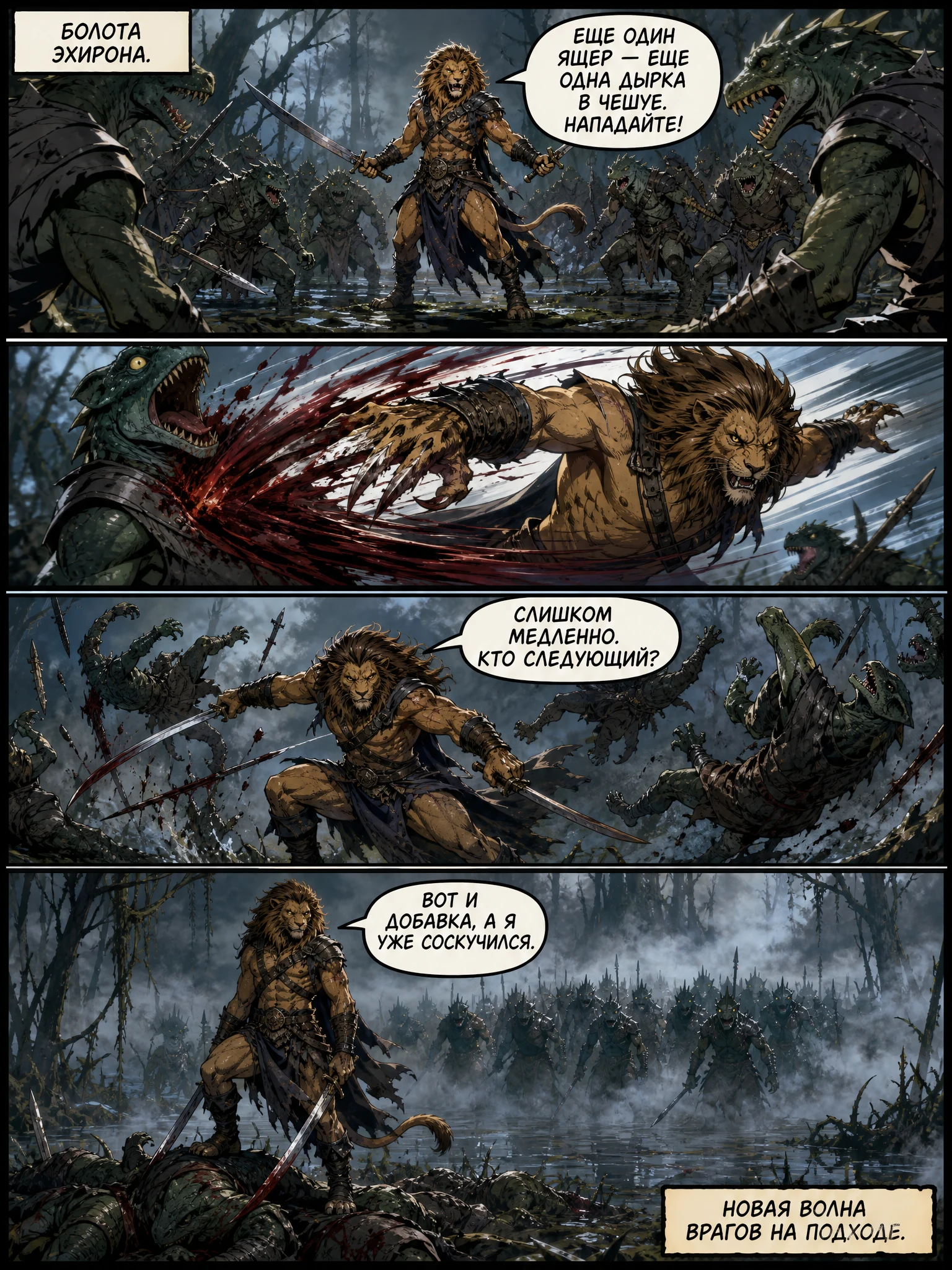 Давид и человекоподобный волк ведут диалог у реки на фоне разрушенного города Эхирон. Страница 26