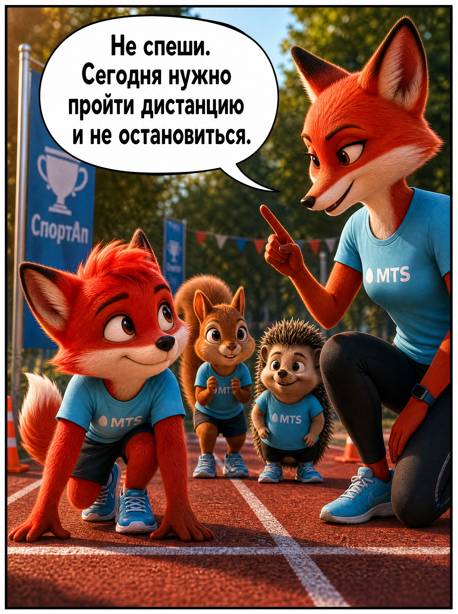 Лисенок Маскот и команда друзей в голубых футболках готовятся к спортивным соревнованиям. Страница 1
