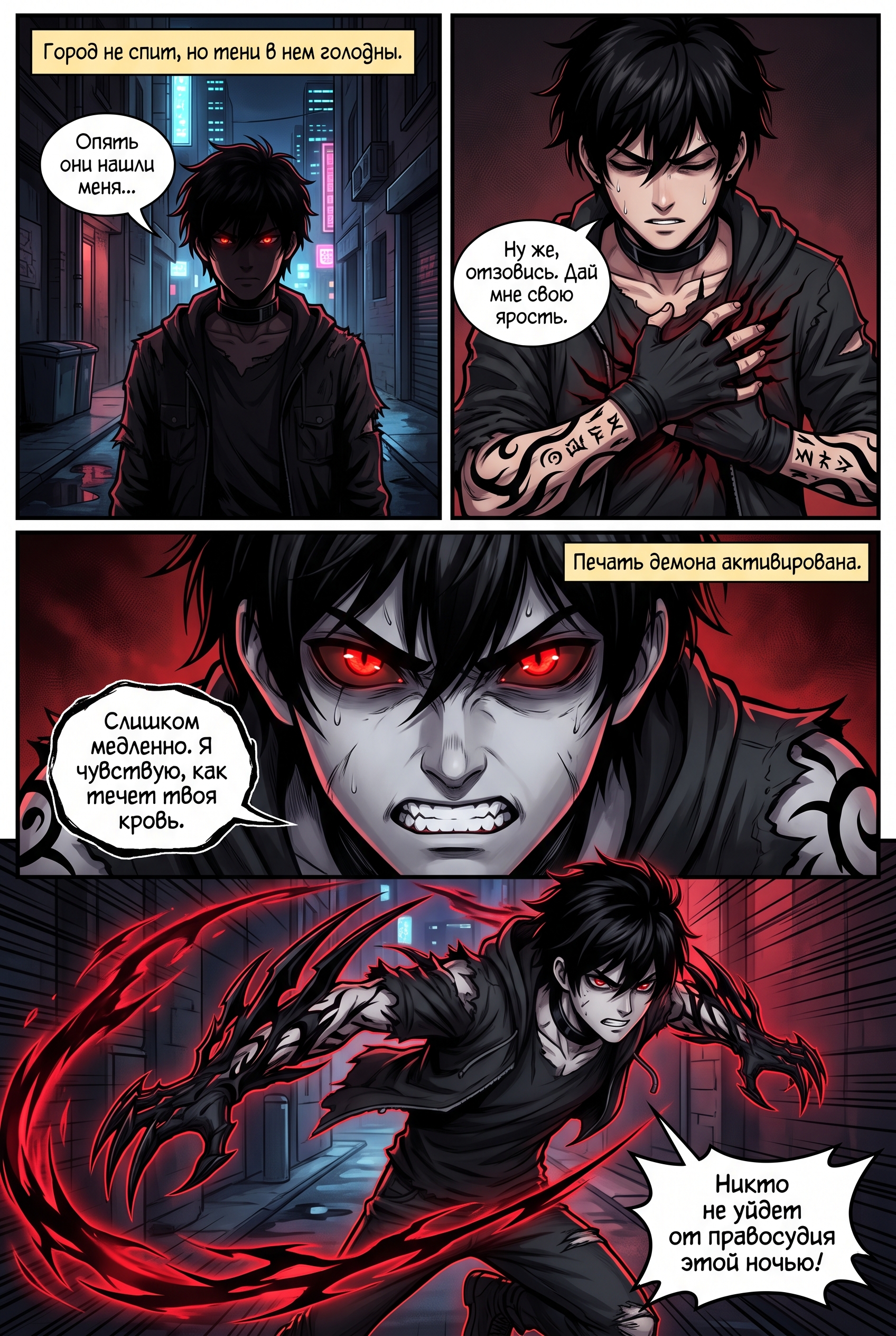 Главный герой аниме-комикса с ярко-красными глазами и когтями в стиле демона крови. Страница 1