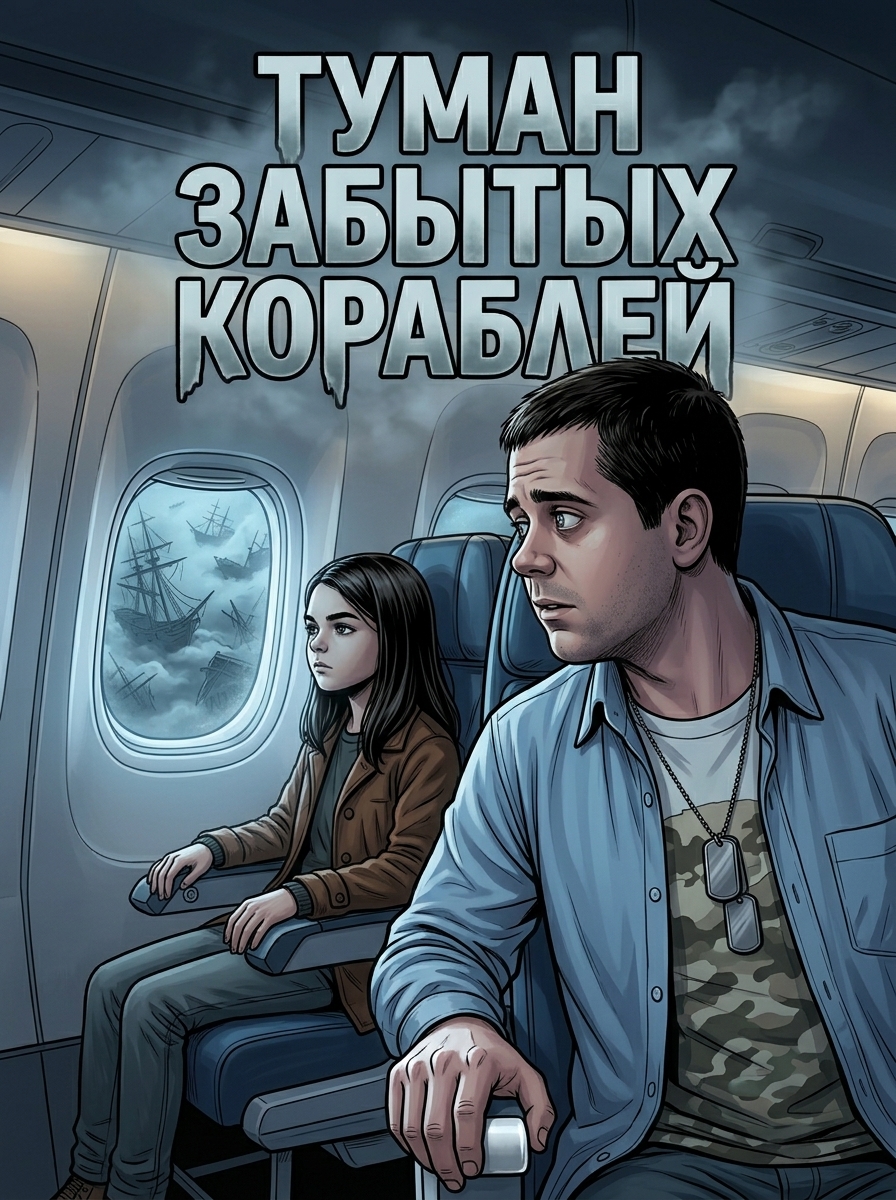 Макс и Алиса смотрят на ржавые остовы кораблей в густом тумане на старом пирсе. Страница 1