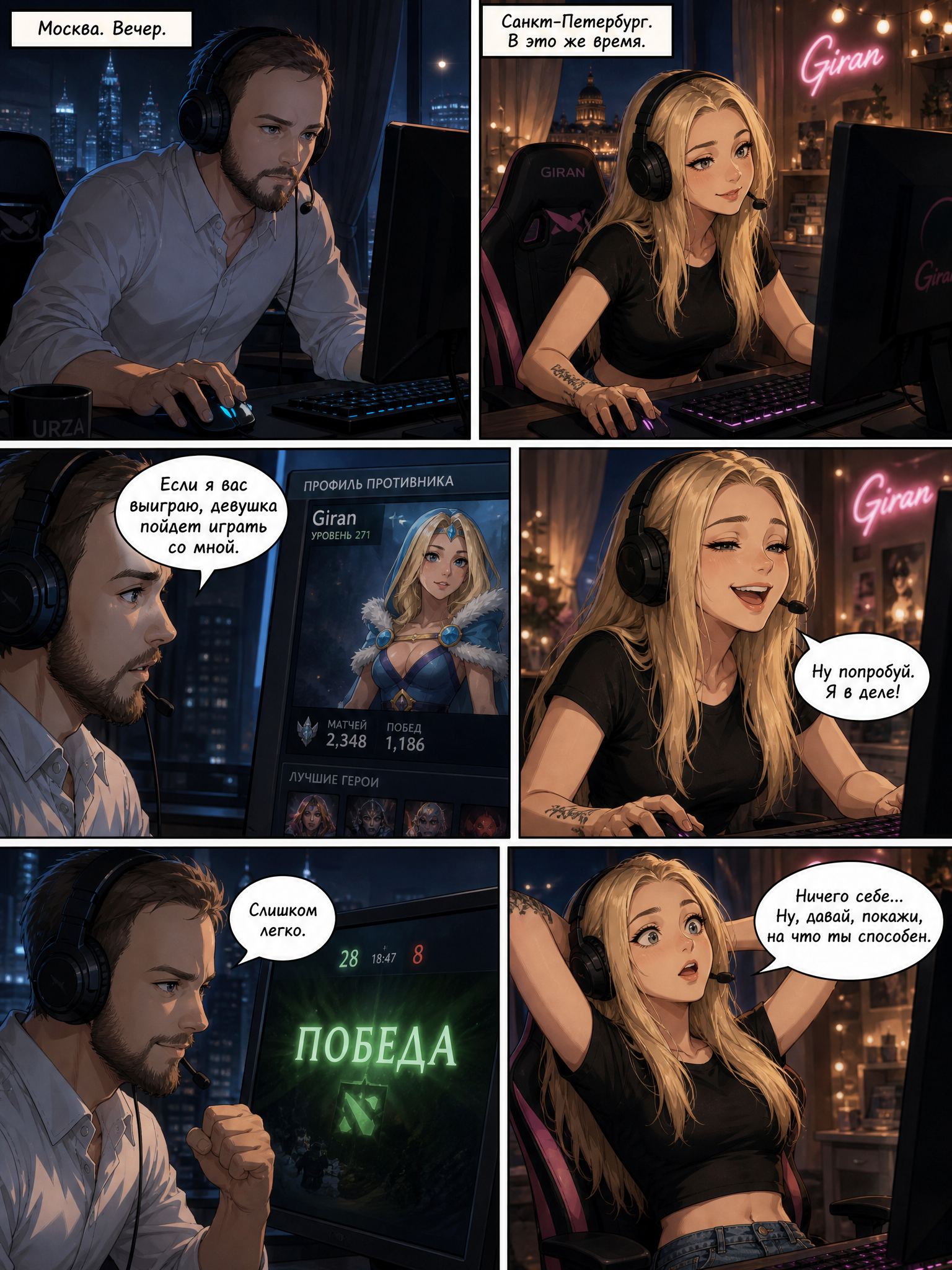 Парень и девушка играют в Dota 2 дома, онлайн-знакомство героев комикса. Страница 1