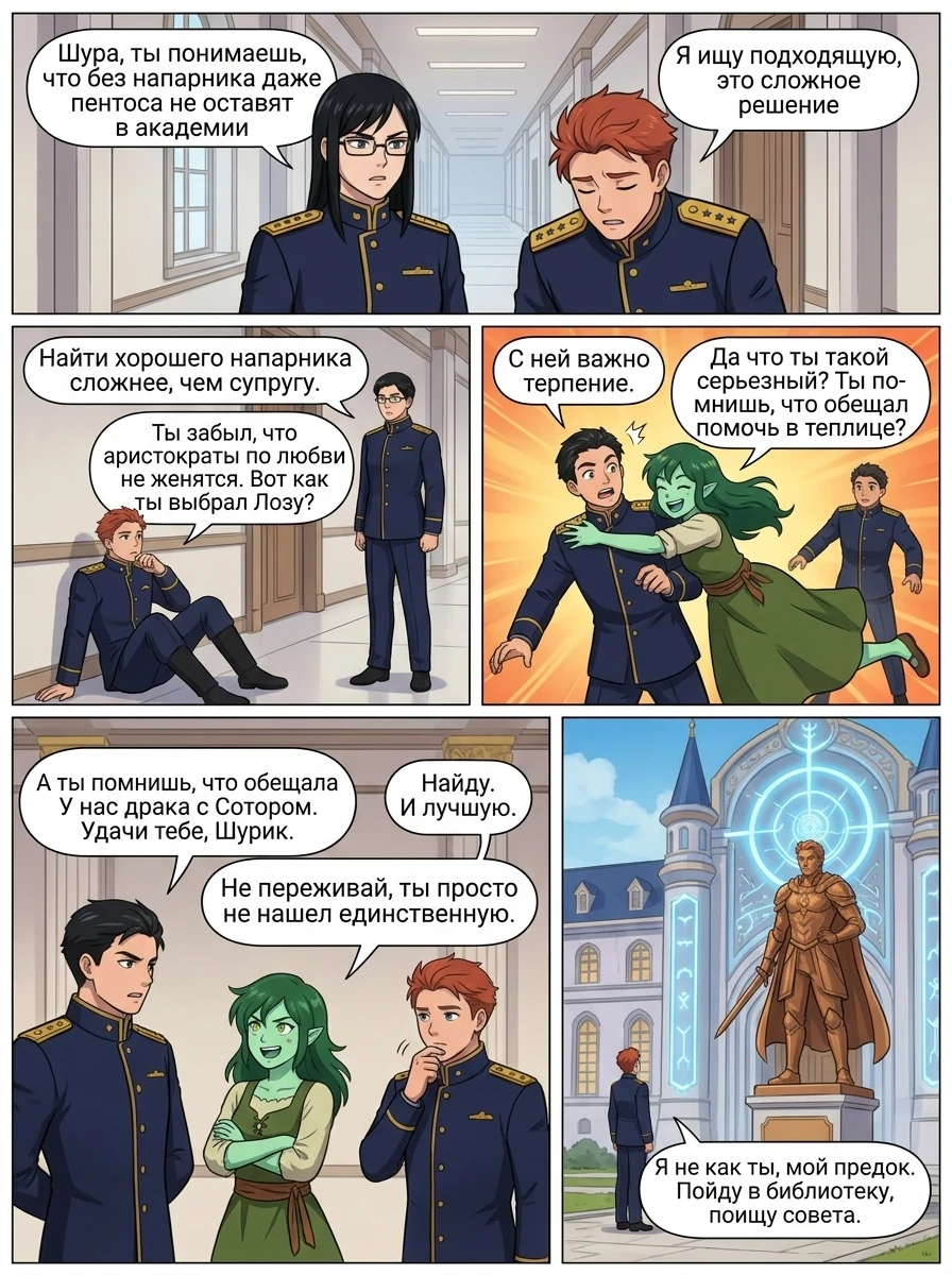 Главный герой маг в форме и его фамильяр из обсидиана готовятся к слиянию в боевого элементаля. Страница 5