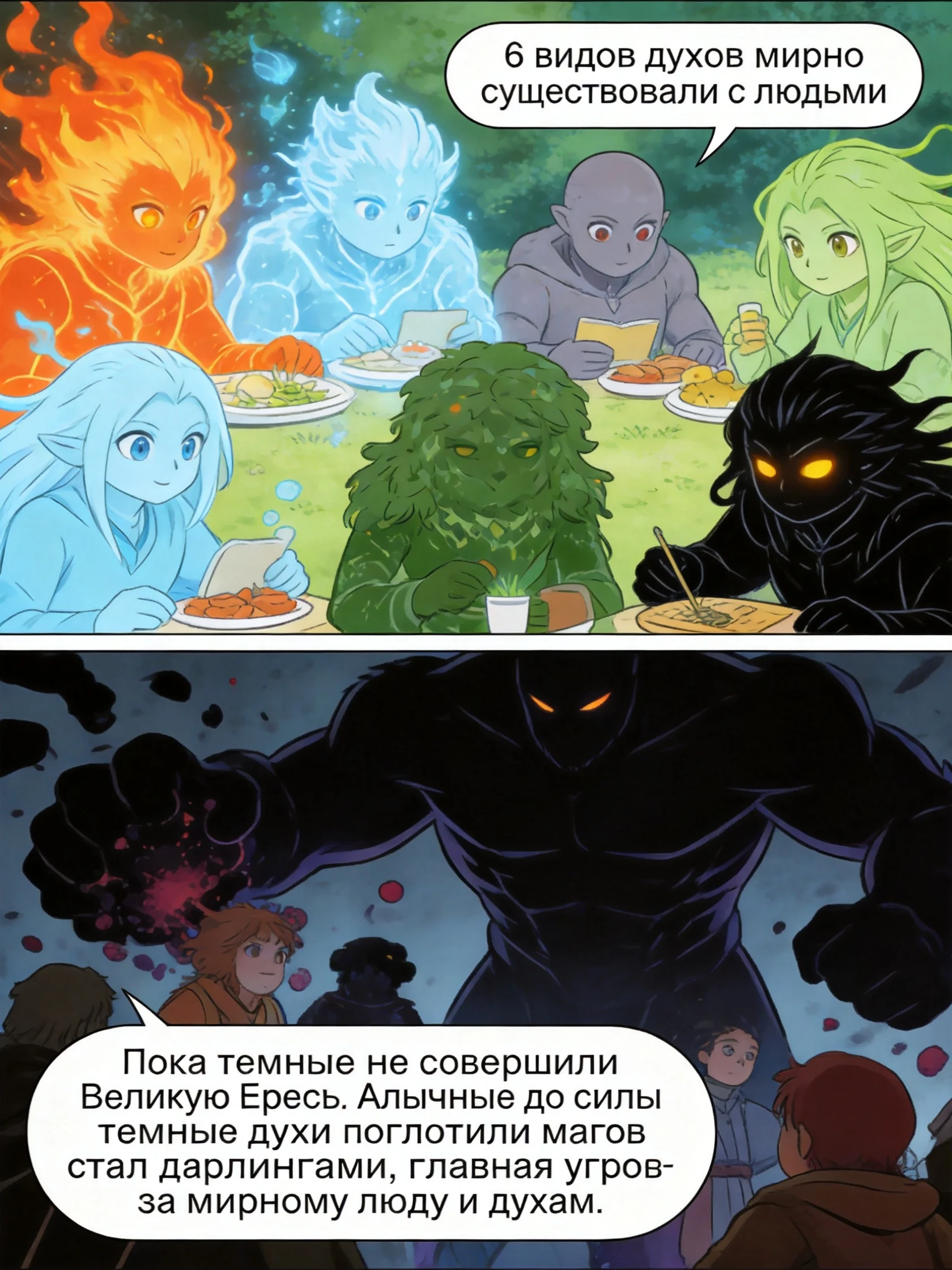 Главный герой маг в форме и его фамильяр из обсидиана готовятся к слиянию в боевого элементаля. Страница 3