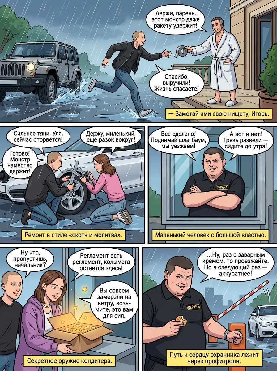 Игорь на своем заниженном автомобиле едет по затопленной улице с дорожными работами в стиле аниме. Страница 7