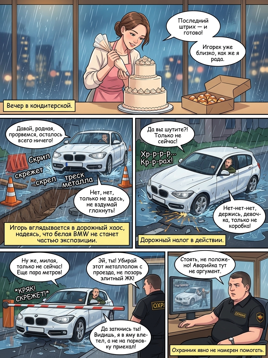 Игорь на своем заниженном автомобиле едет по затопленной улице с дорожными работами в стиле аниме. Страница 2