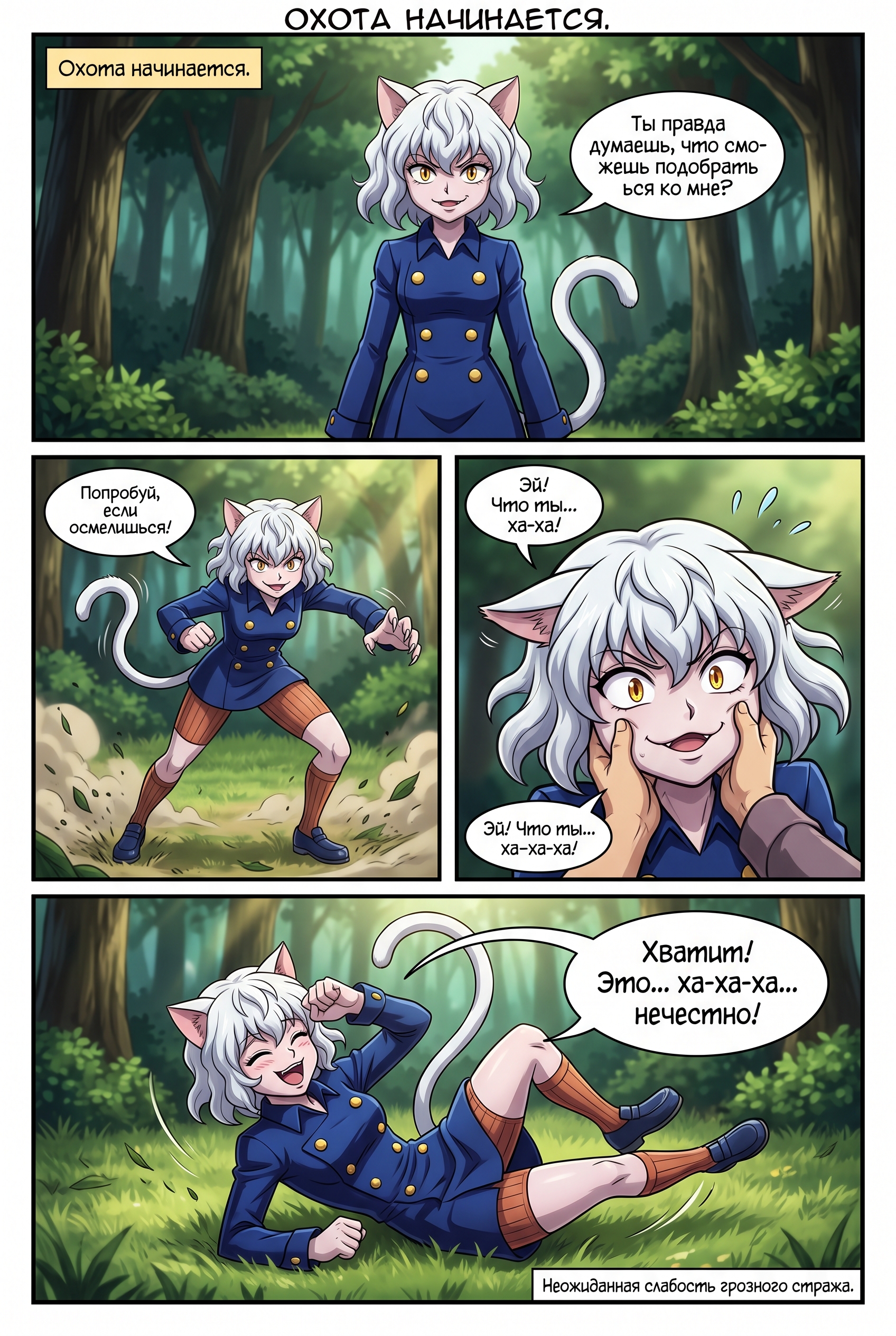 Неферпиту из Hunter x Hunter с кошачьими ушами в синем кителе улыбается. Страница 1
