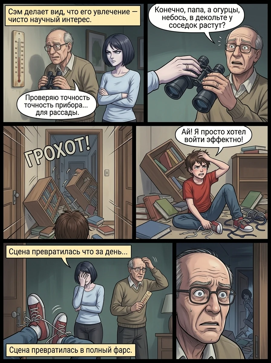 Дедушка Сём с биноклем у окна, застигнутый своей дочерью Аллой. Страница 2