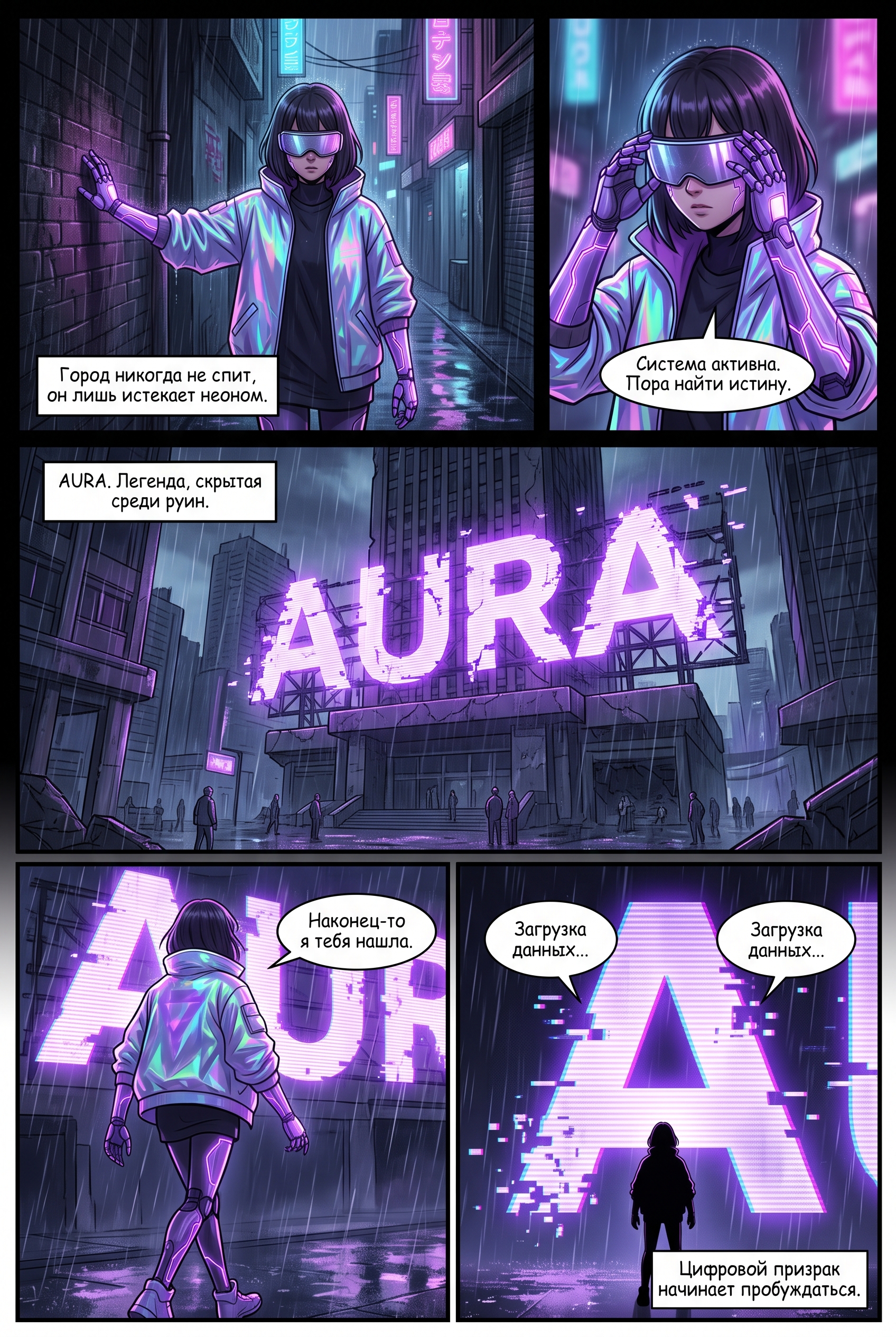 Аниме-девушка Neon Wanderer в киберпанк-стиле на фоне неоновой вывески AURA. Страница 1