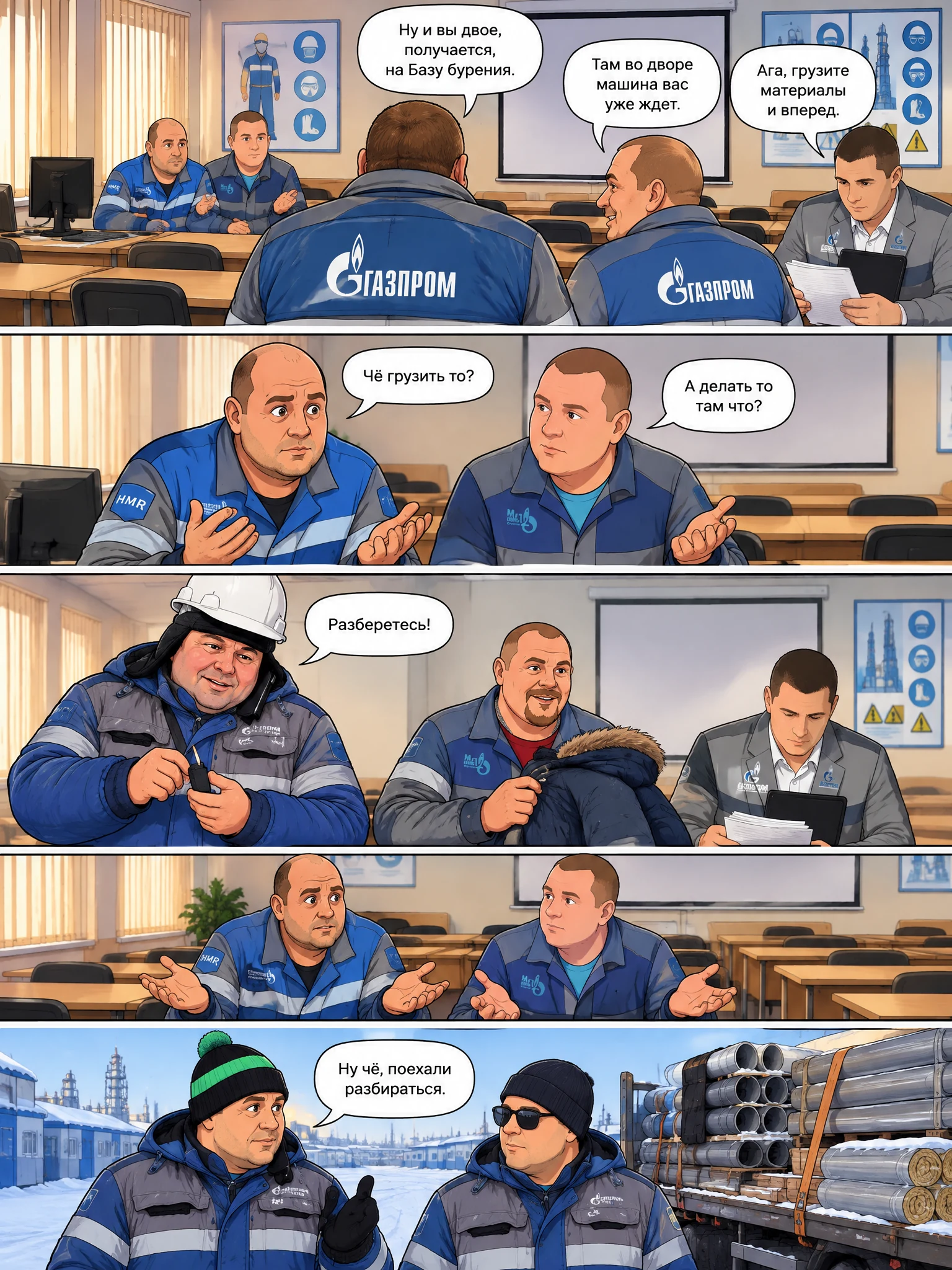 Слесари и мастера в спецодежде Газпрома обсуждают рабочий план в кабинете охраны труда. Страница 3