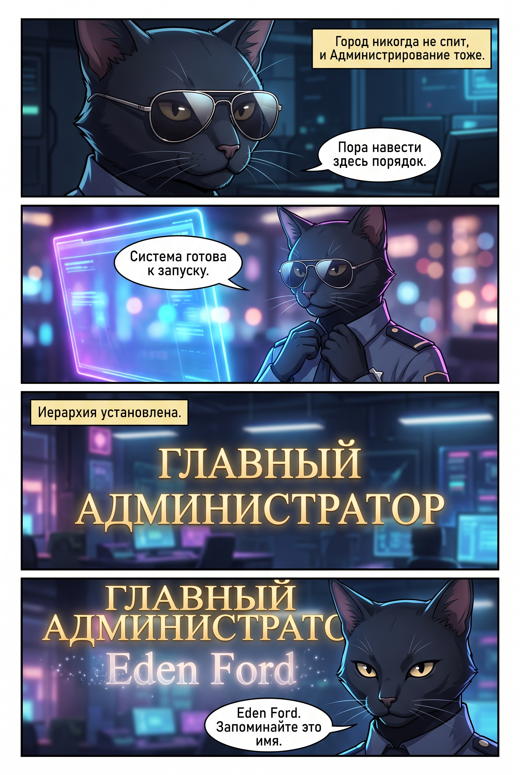 Стильный черный кот в киберпанк очках-авиаторах на фоне текста Главный Администратор. Страница 1