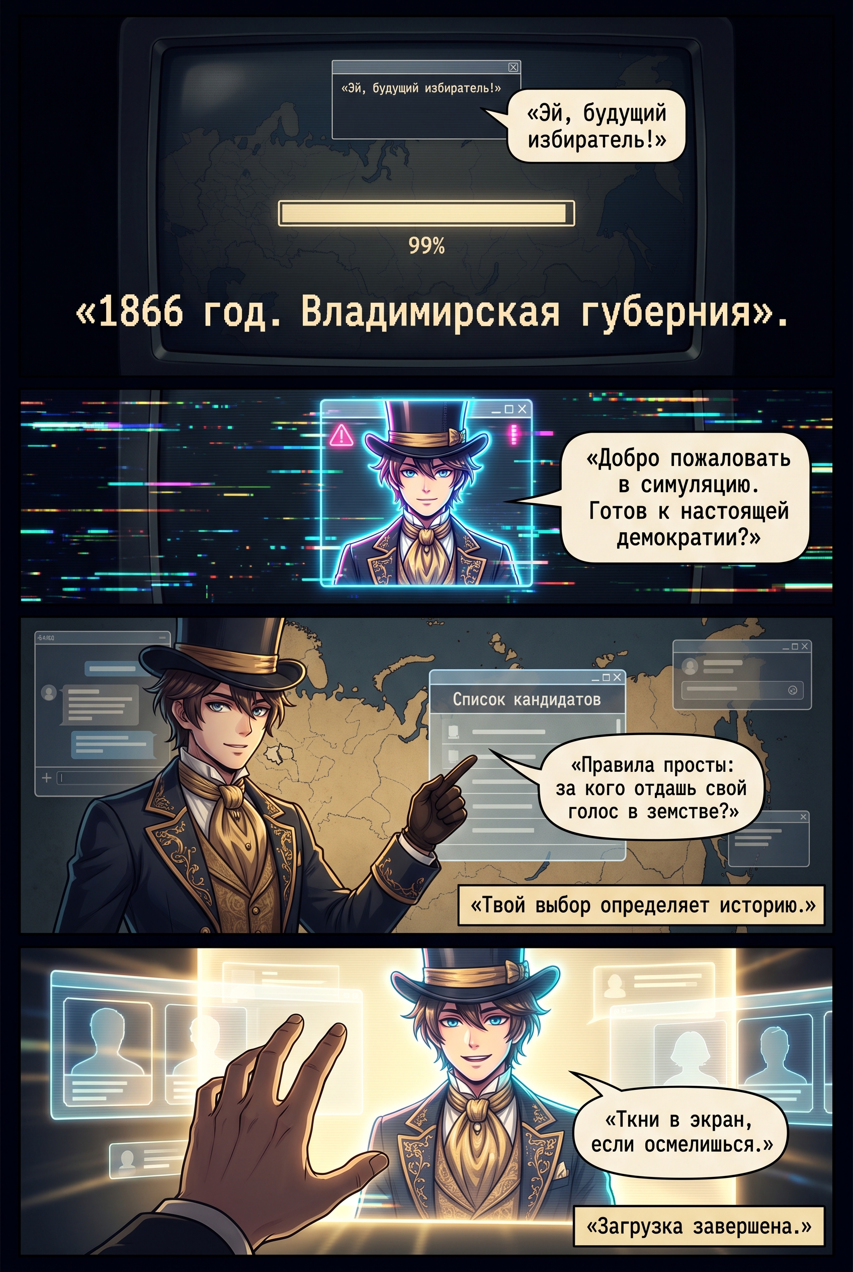 Загрузочный экран ретро-комикса с надписью 1866 год Владимирская губерния. Страница 2