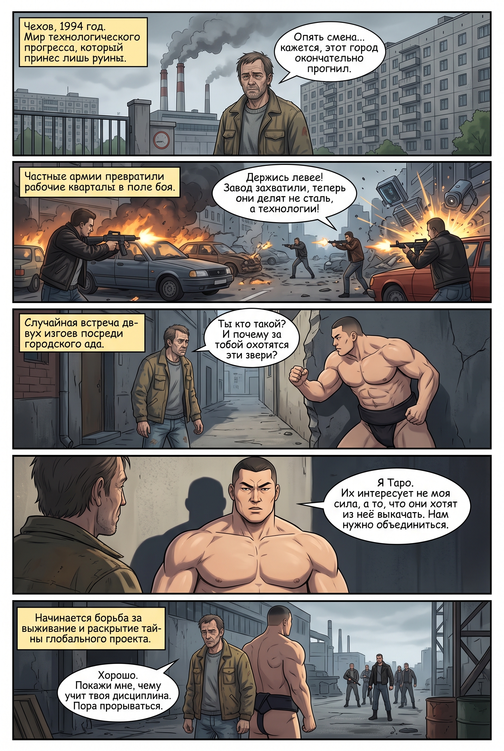 Главный герой Алексей и сумоист Таро на фоне разрушенного завода в стиле аниме. Страница 1