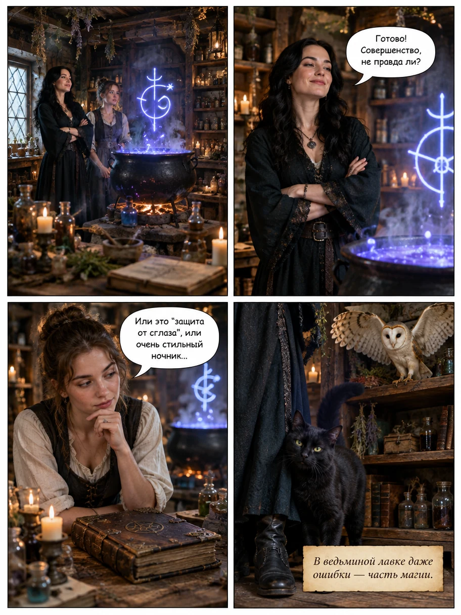 Две современные ведьмы с магическими питомцами на вечерней улице в неоновом свете. Страница 5