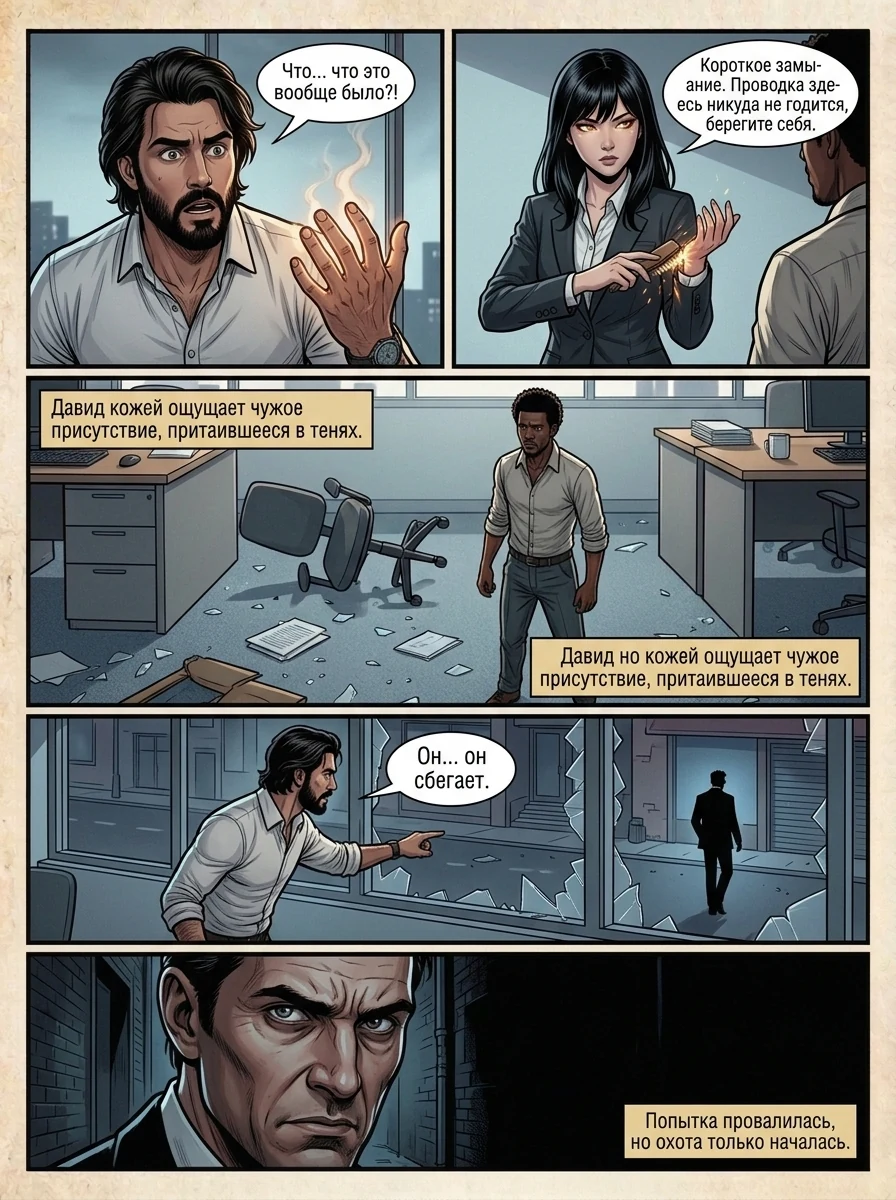 Сцена в офисе: Давид, Шон и Юки ведут напряженный диалог, скрывая свои истинные цели. Страница 8