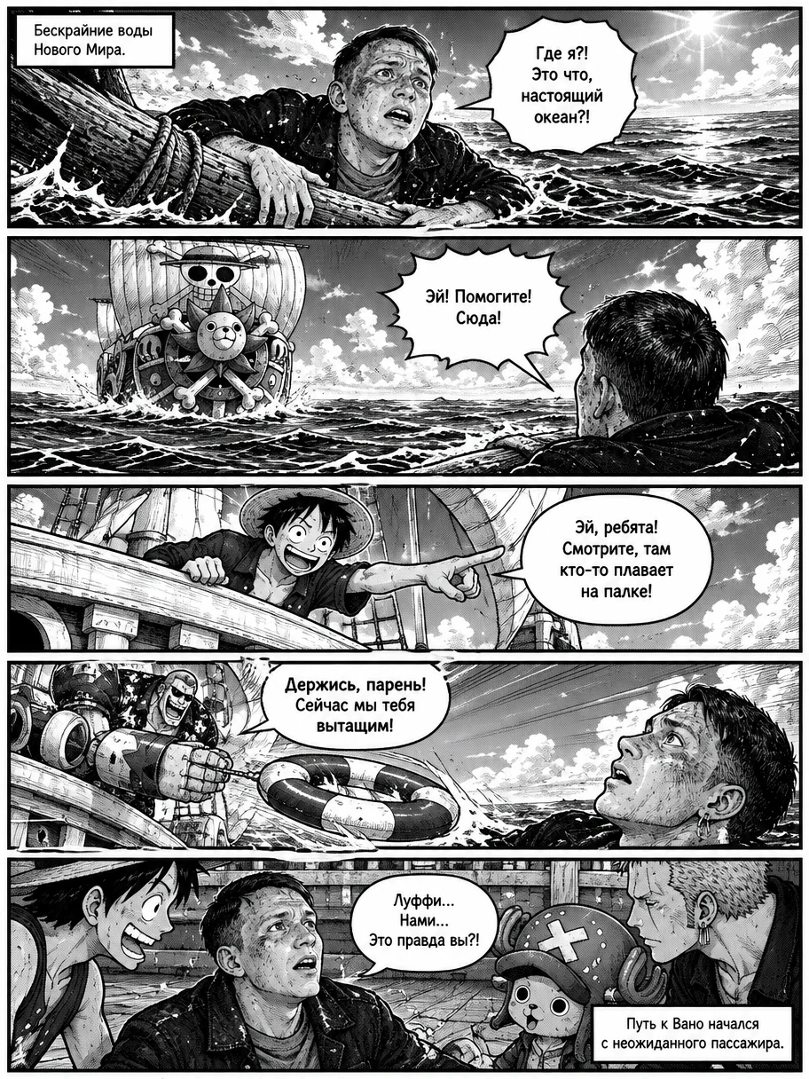 Главный герой Антон в манга-стиле среди обломков корабля в океане One Piece. Страница 2