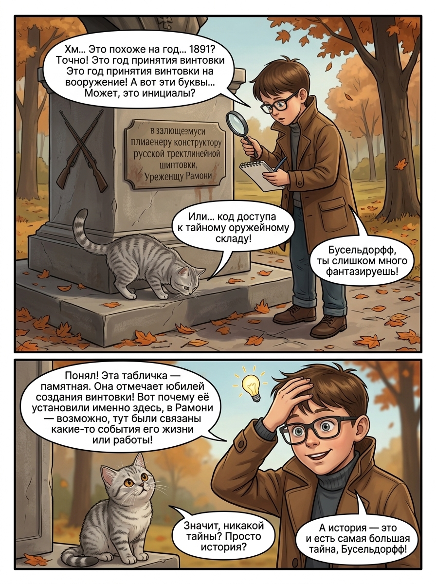 Юный краевед Дмитрий и серая кошка Бусельдорфф у памятника конструктору Ивану Мосину в Рамони. Страница 5
